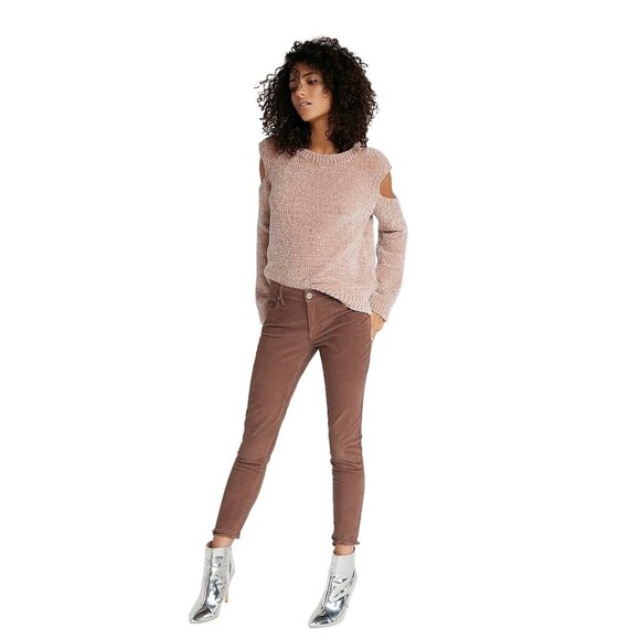 NWT EXPRESS Pink Metallic Cold Shoulder Chenille Sweater Small Bell Sleeve S NEW - Picture 1 of 8